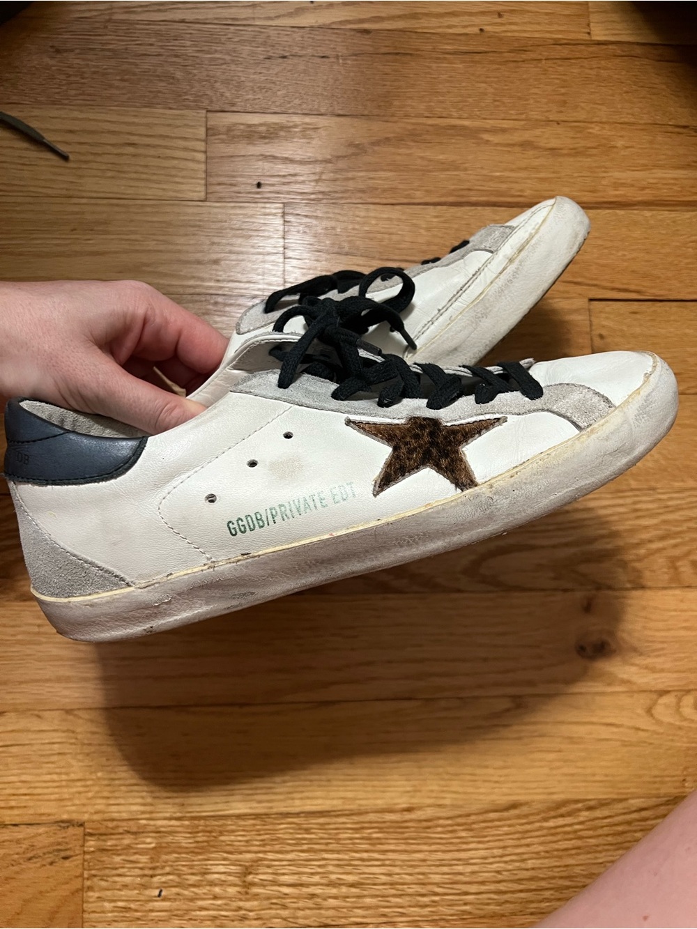 Golden Goose White Leather Sneakers with Black Laces and Leopard Star